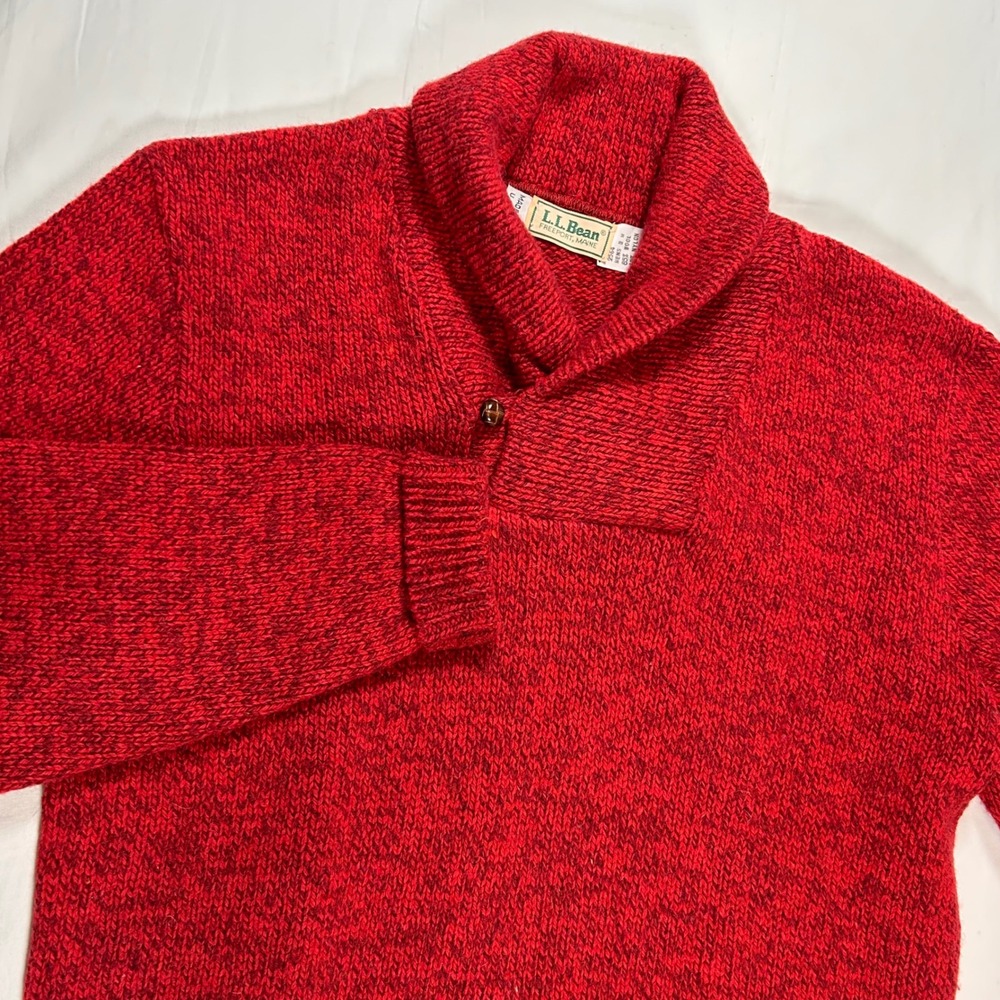 LL Bean VTG 70's Sweater Mens M Shawl Collar Red Wool Blend Pullover Made in USA